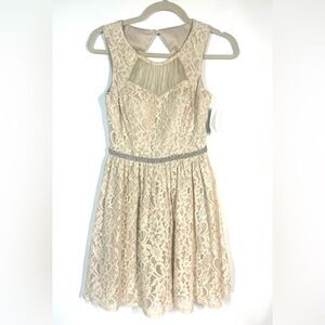 Vintage Lace Ivory Fit & Flare Dress Open Back Mesh Top Jeweled Waist XS NEW